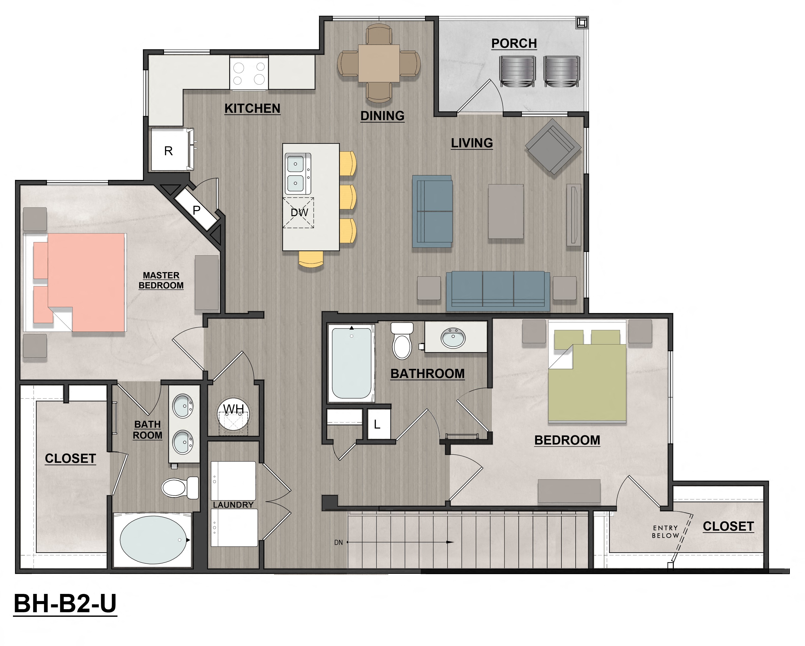 Floor plan for 2 beds, 2 baths, 1170 sqft